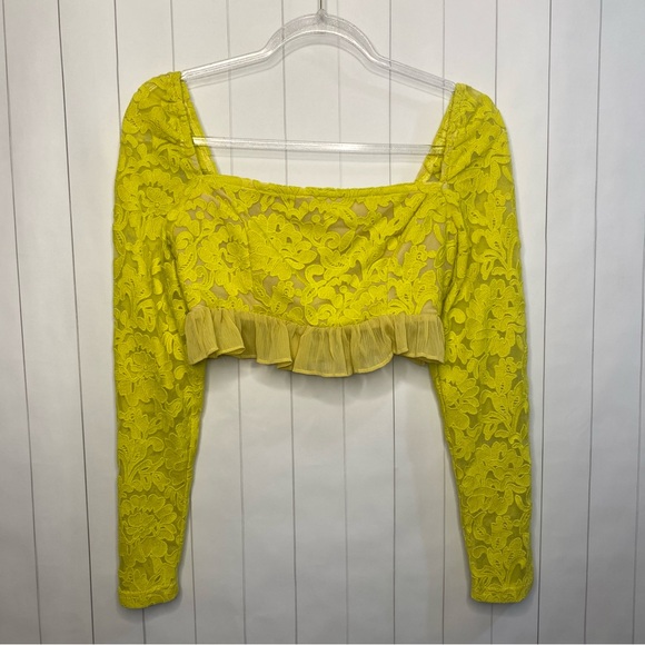 Anthropologie Endless Rose Yellow Citron Lace Crop Chiffon Ruffle Top Fem Chic S - Picture 2 of 5